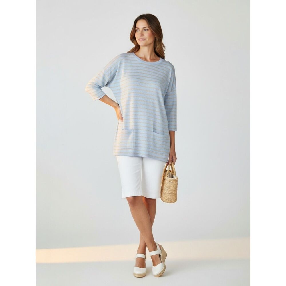 LILLY PULITZER Boatneck Striped Gold Light Blue Pullover Tunic 3/4 Sleeves Sz S